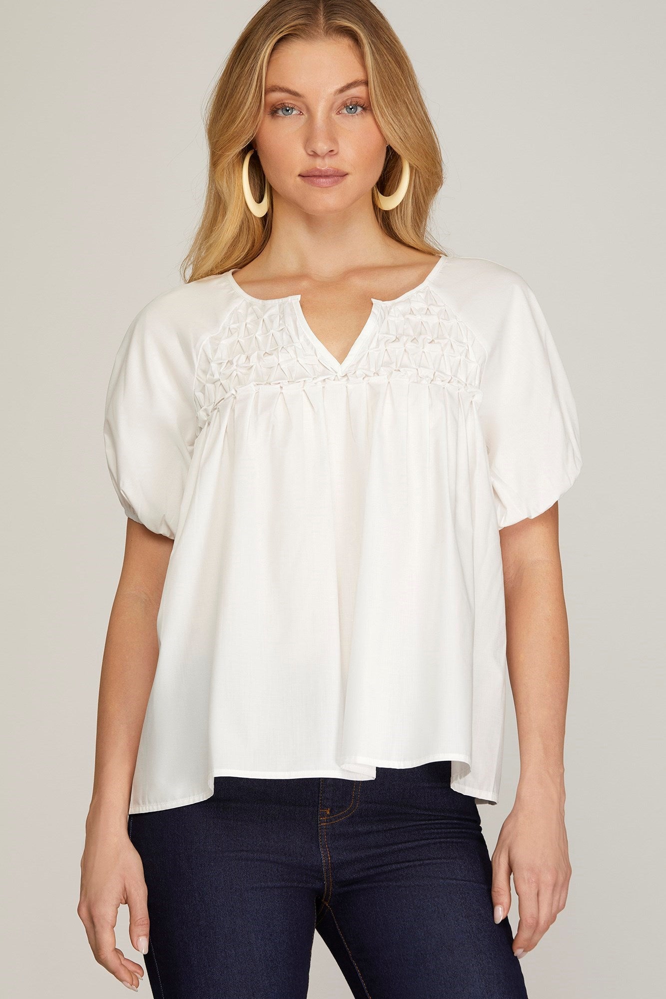 Short Sleeve Texture Pleated V-Neck Poplin Woven Top