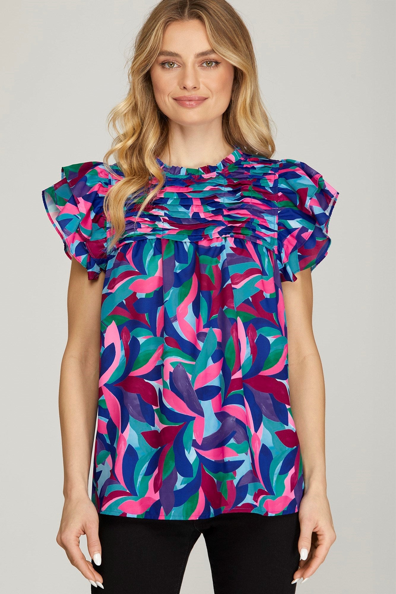 Ruffle Sleeve Pleated Print Woven Top