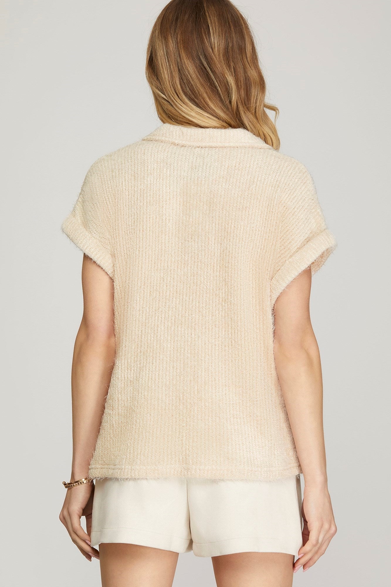 Short Sleeve Collared Fuzzy Sweater