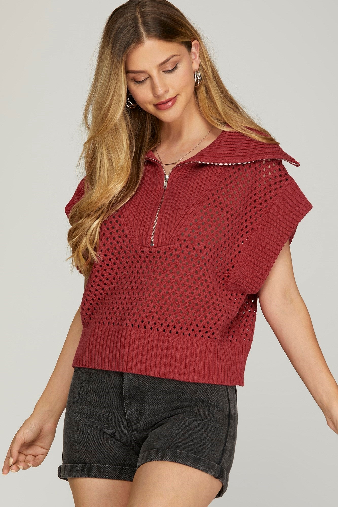 Collared Drop Shoulder Half Zipped Sweater