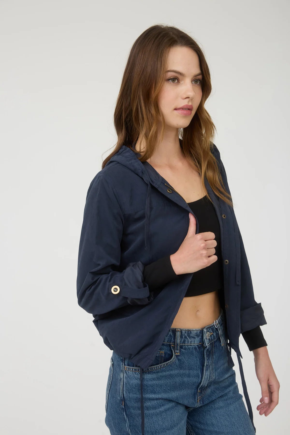Snap Button Zip Up Hooded Jacket