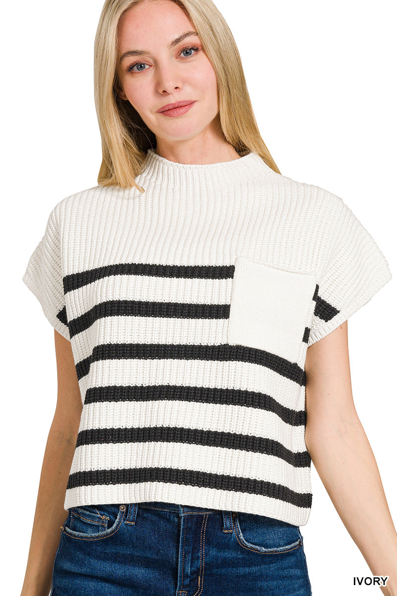 Ribbed Striped Short Sleeve Sweater with Pocket