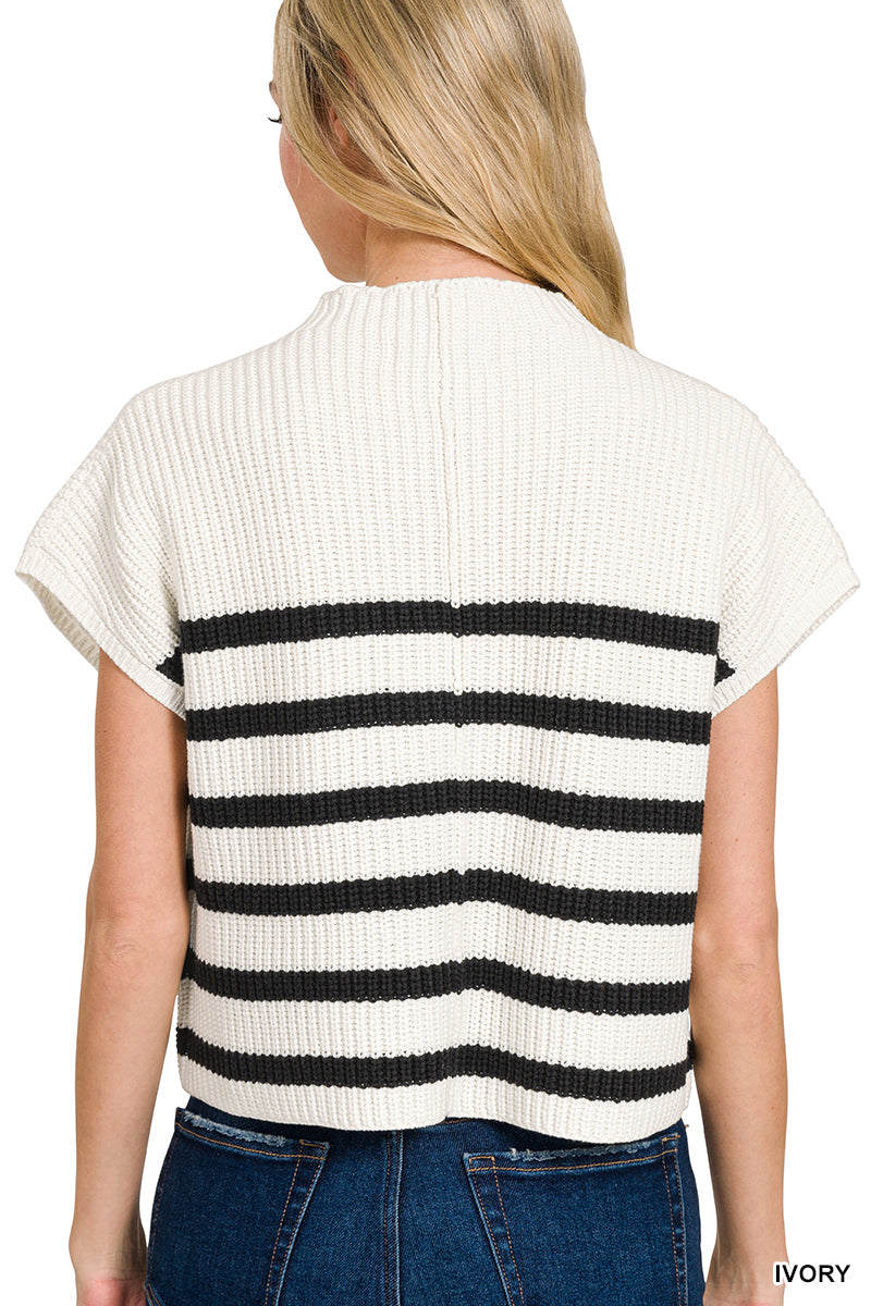 Ribbed Striped Short Sleeve Sweater with Pocket