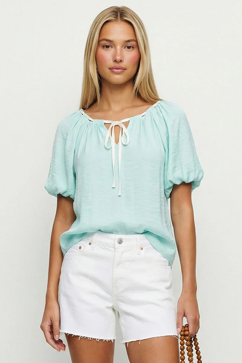 Aqua Drawstring Bubble Blouse