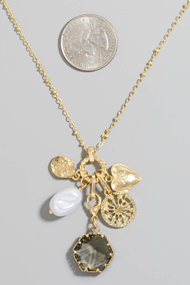 Pearl Heart Locket And Faceted Glass Gem Charm Chain