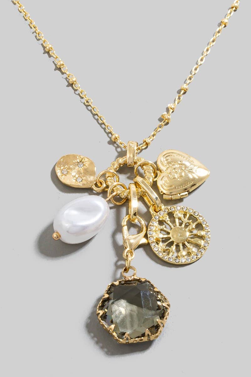 Pearl Heart Locket And Faceted Glass Gem Charm Chain