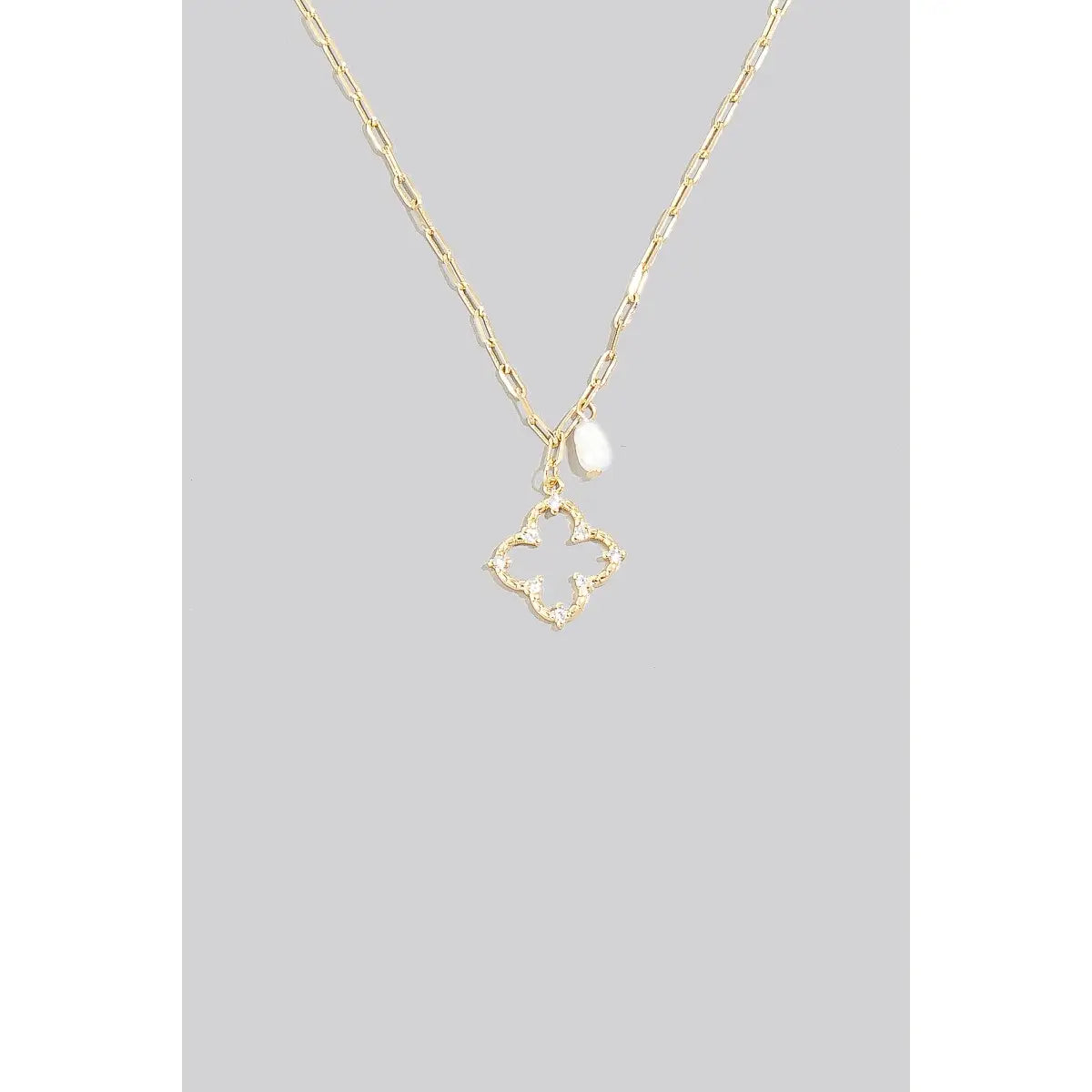 Pearl and Mini Cz Studded Clover Charm Chain Necklace
