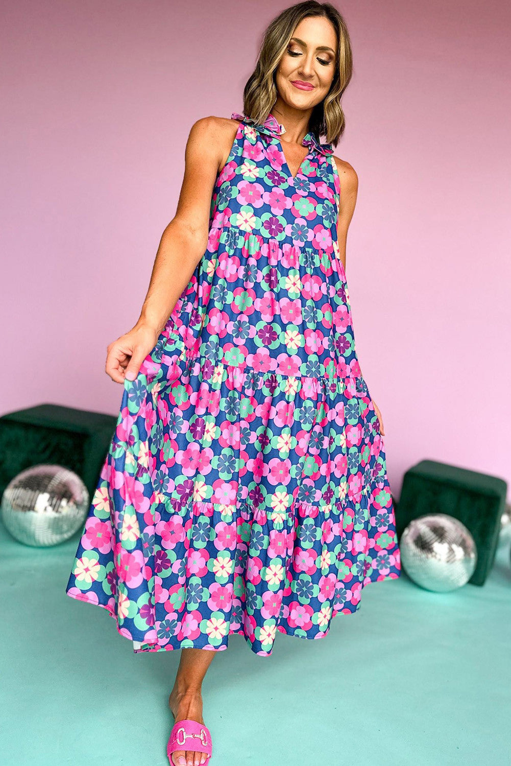 Blue 60s Flower Frill Split Neck Sleeveless Tiered Maxi Dress
