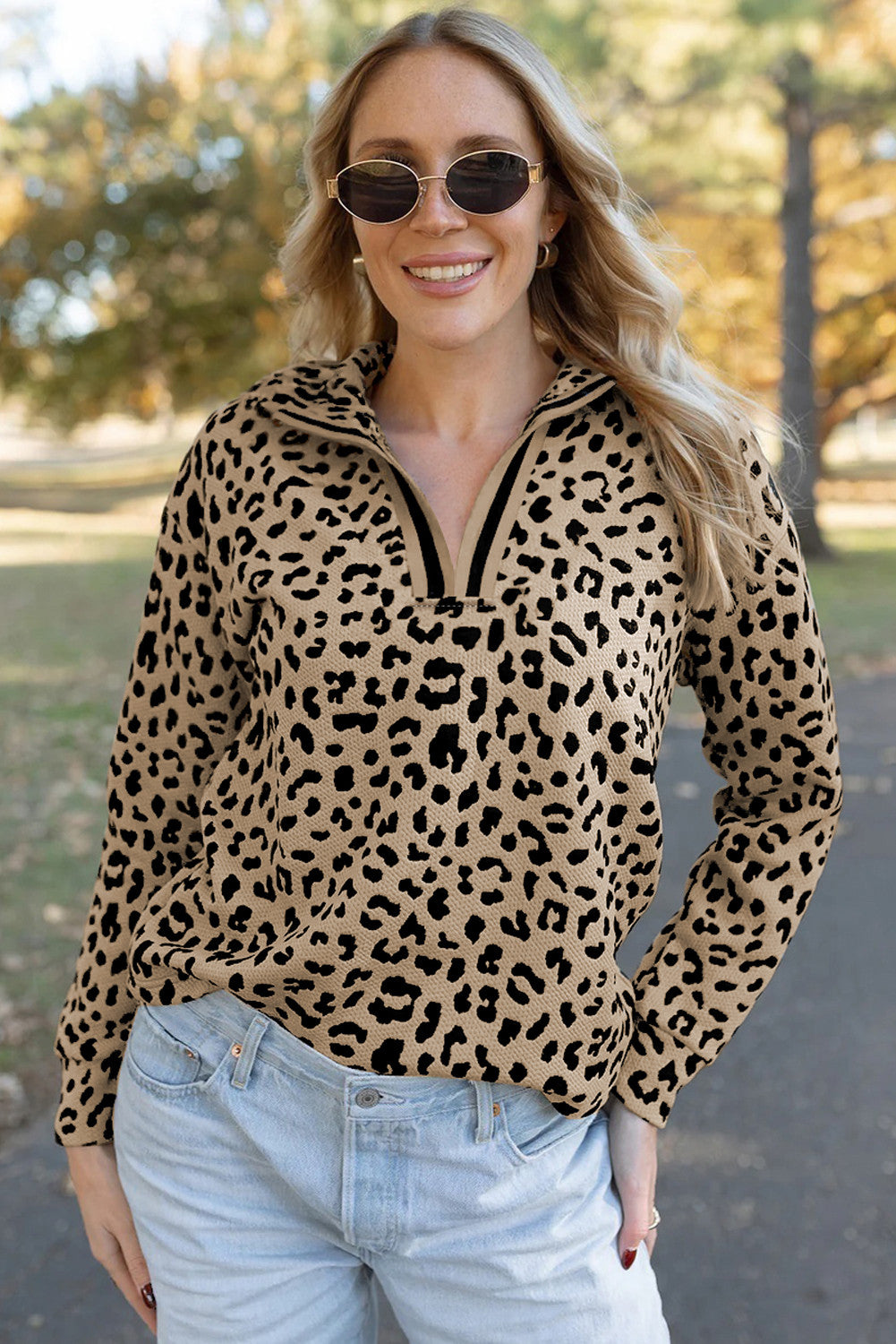 Leopard Print Quarter Zip V Neck Top