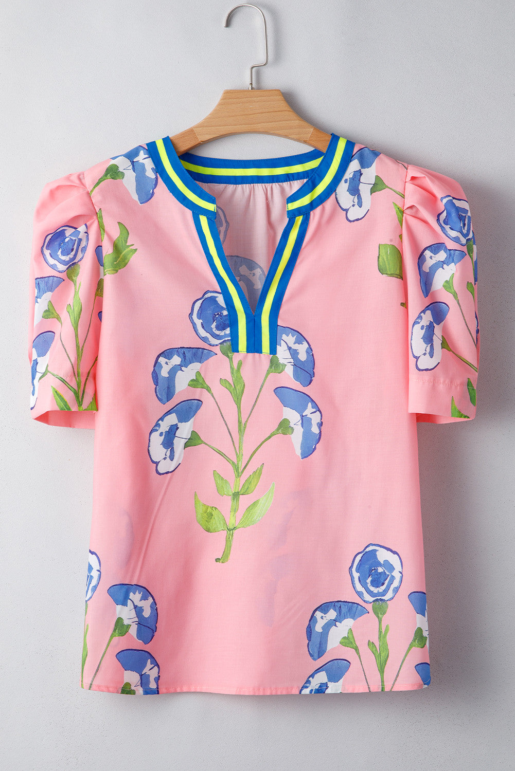 Pink Puff Sleeve Floral Pop of Color Neckline Blouse