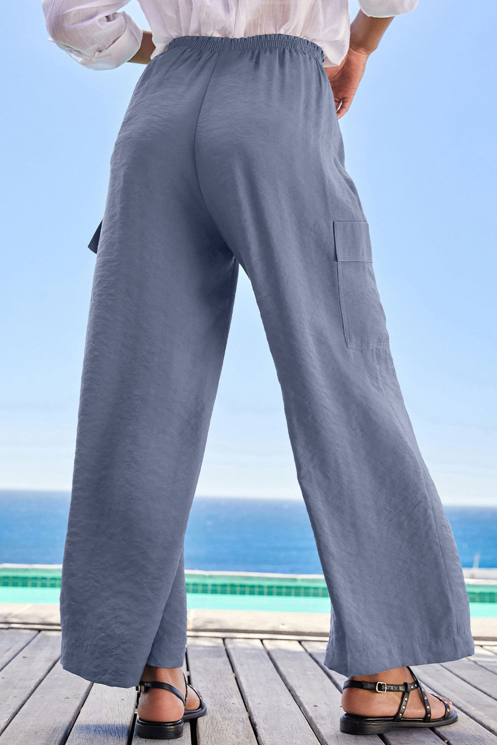 Dark Grey Drawstring Smocked Waist Wide Leg Utility Trousers