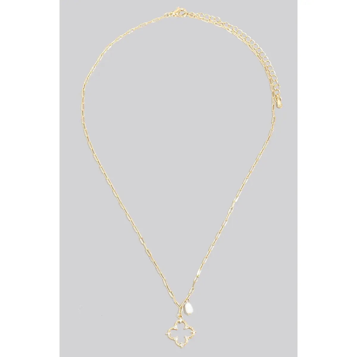 Pearl and Mini Cz Studded Clover Charm Chain Necklace