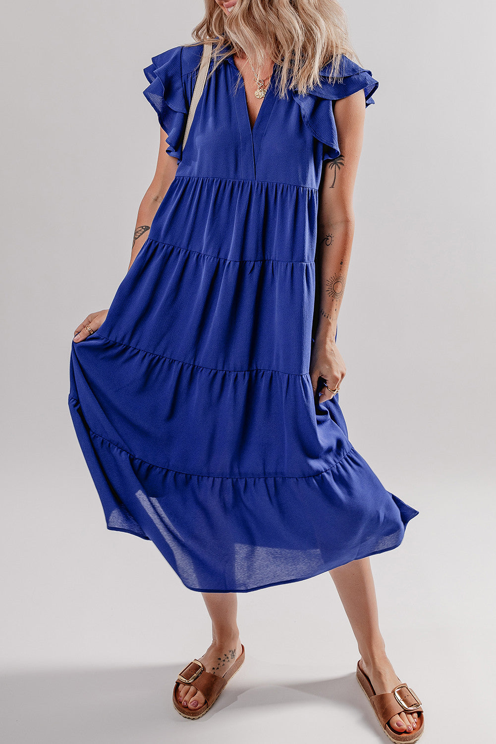 Bluing Ruffled Short Sleeve Collared V-Neck Tiered Midi Dress
