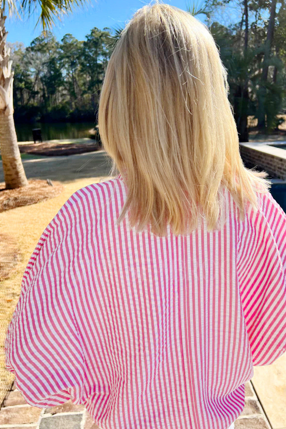 Sachet Pink Striped Dolman Sleeve Pop of Color Neckline Blouse