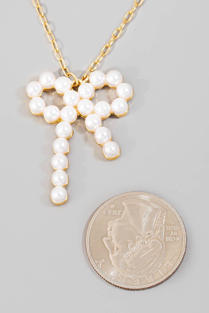 Solid Pearl Ribbon Bow Pendant Chain Necklace