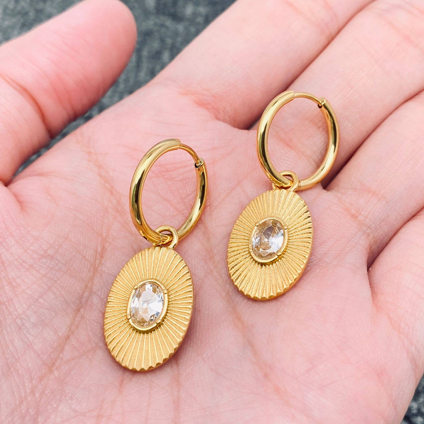 Inlaid Zircon 18K Gold Plated Oval Huggie Earrings