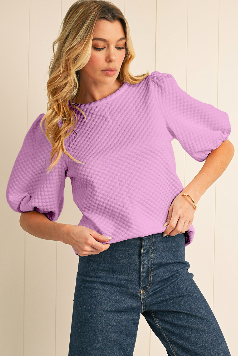 Phalaenopsis Solid Textured Neck Puff Sleeve Blouse