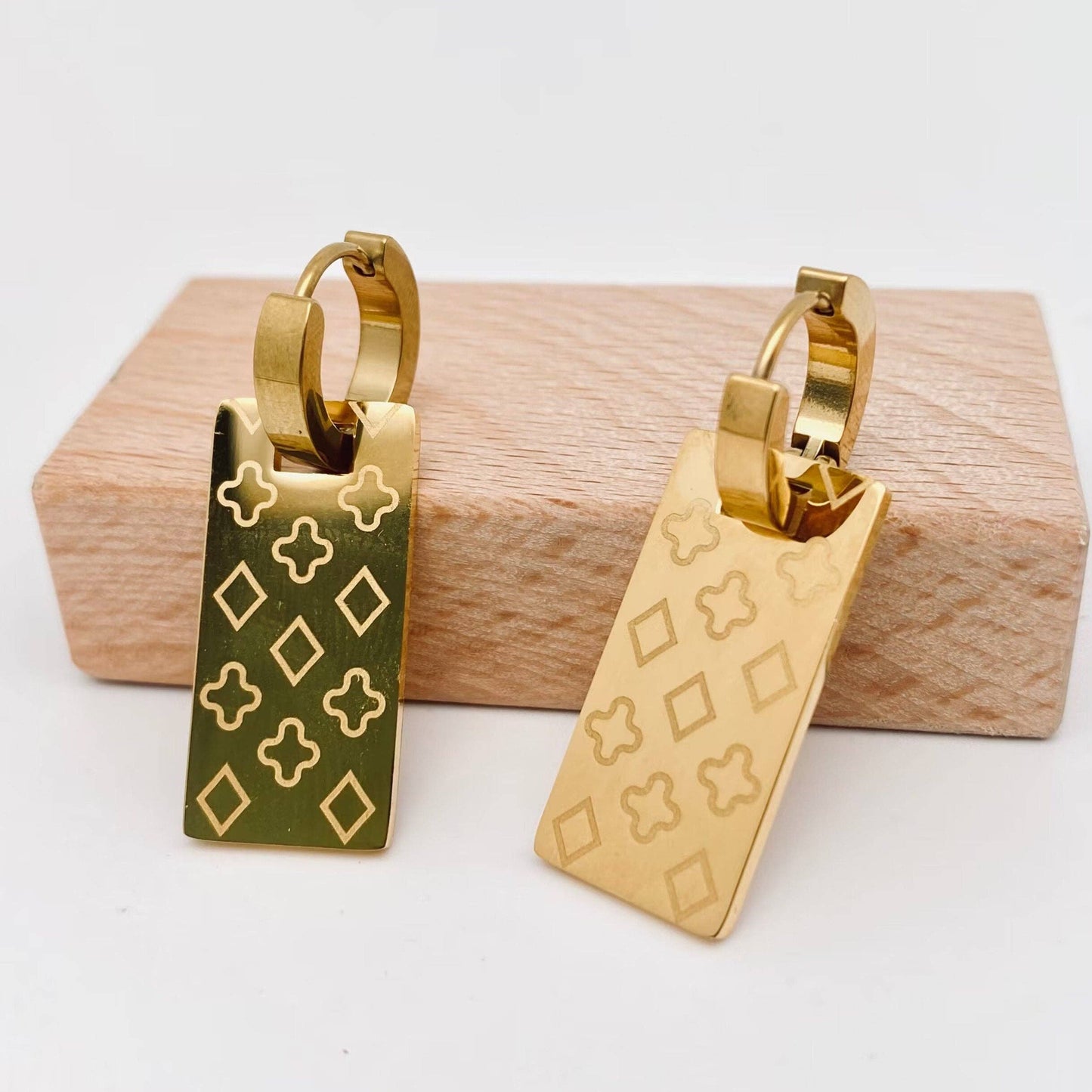 Rectangular Printed Pattern 18K Gold Plated Earrings