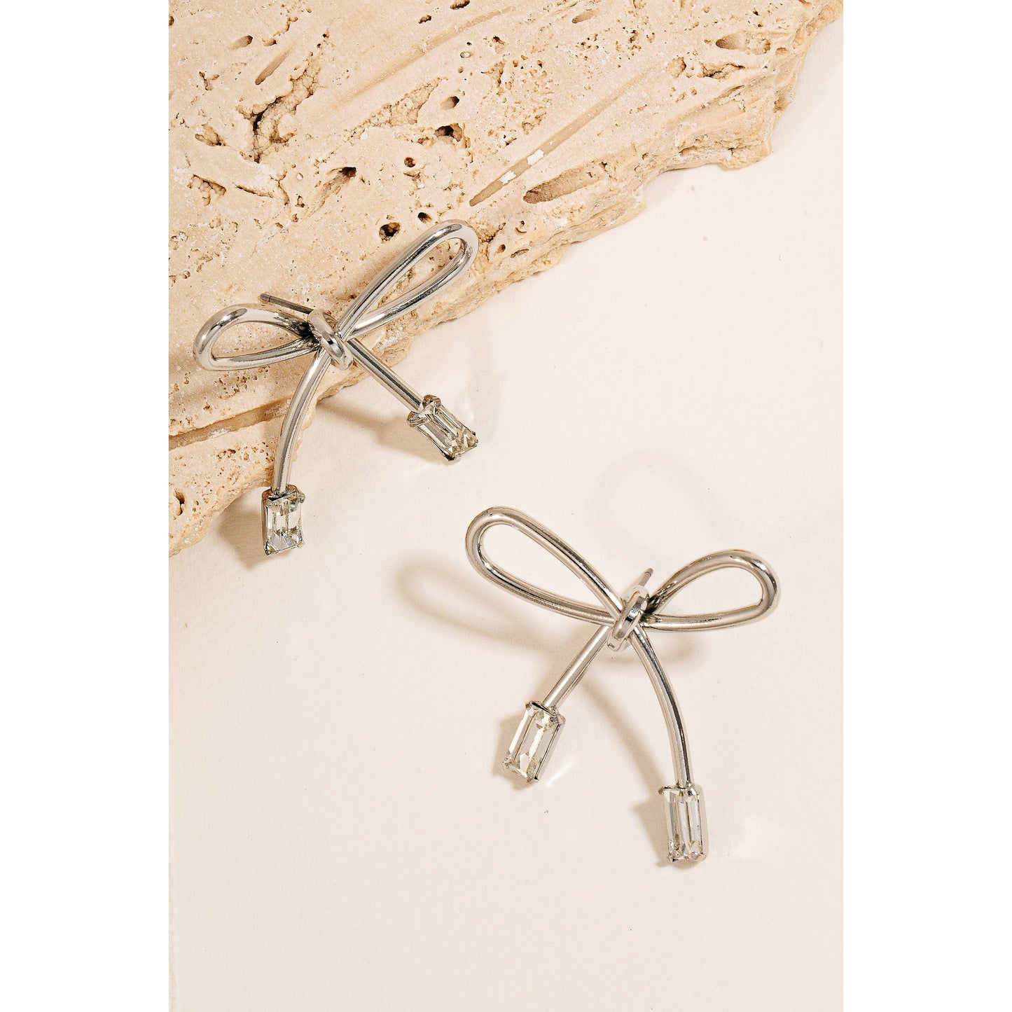 Baguette Ends Ribbon Bow Stud Earrings