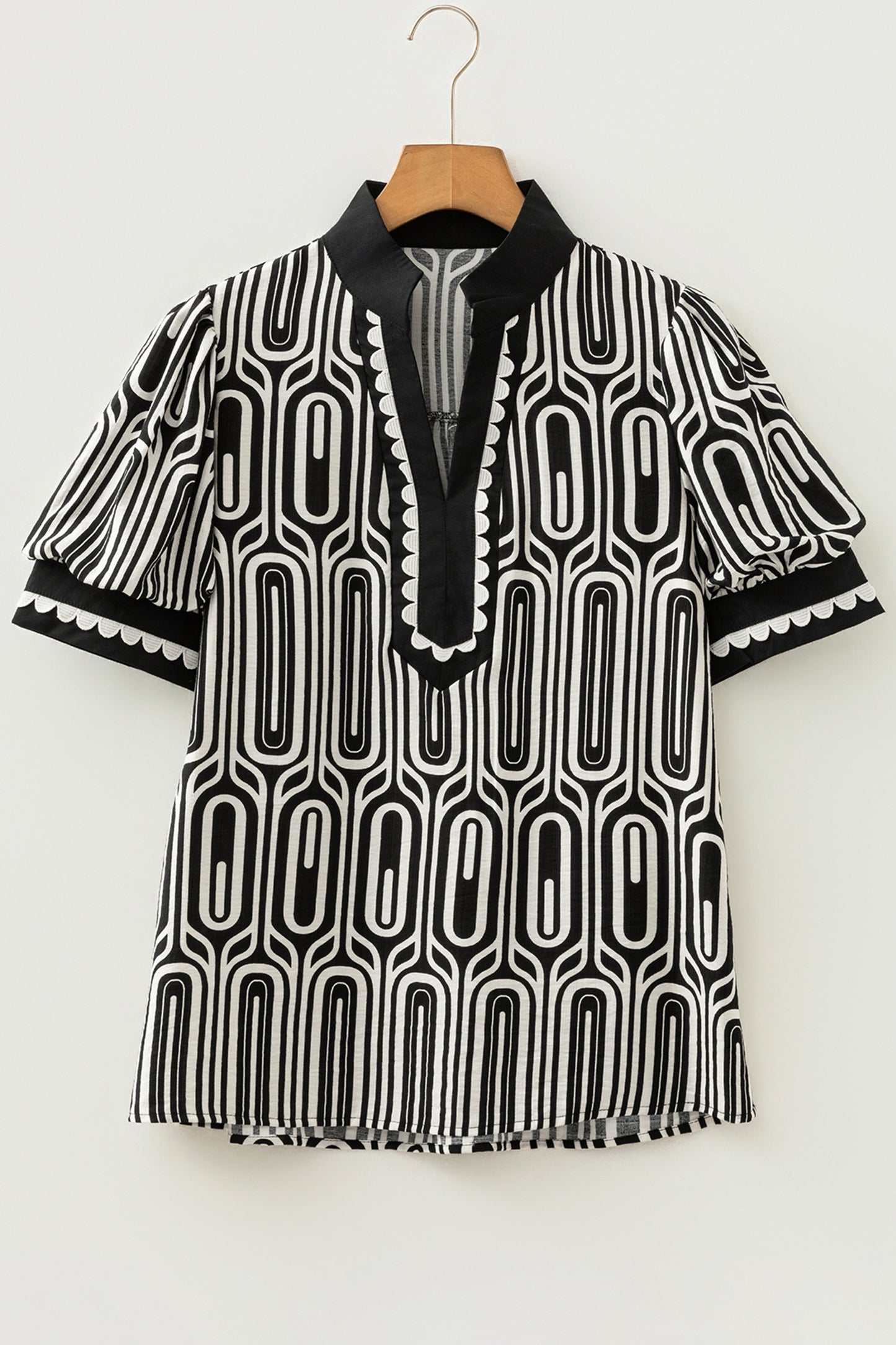 Geometric Print Contrast Scallop Color Block Patchwork Short Sleeve Blouse