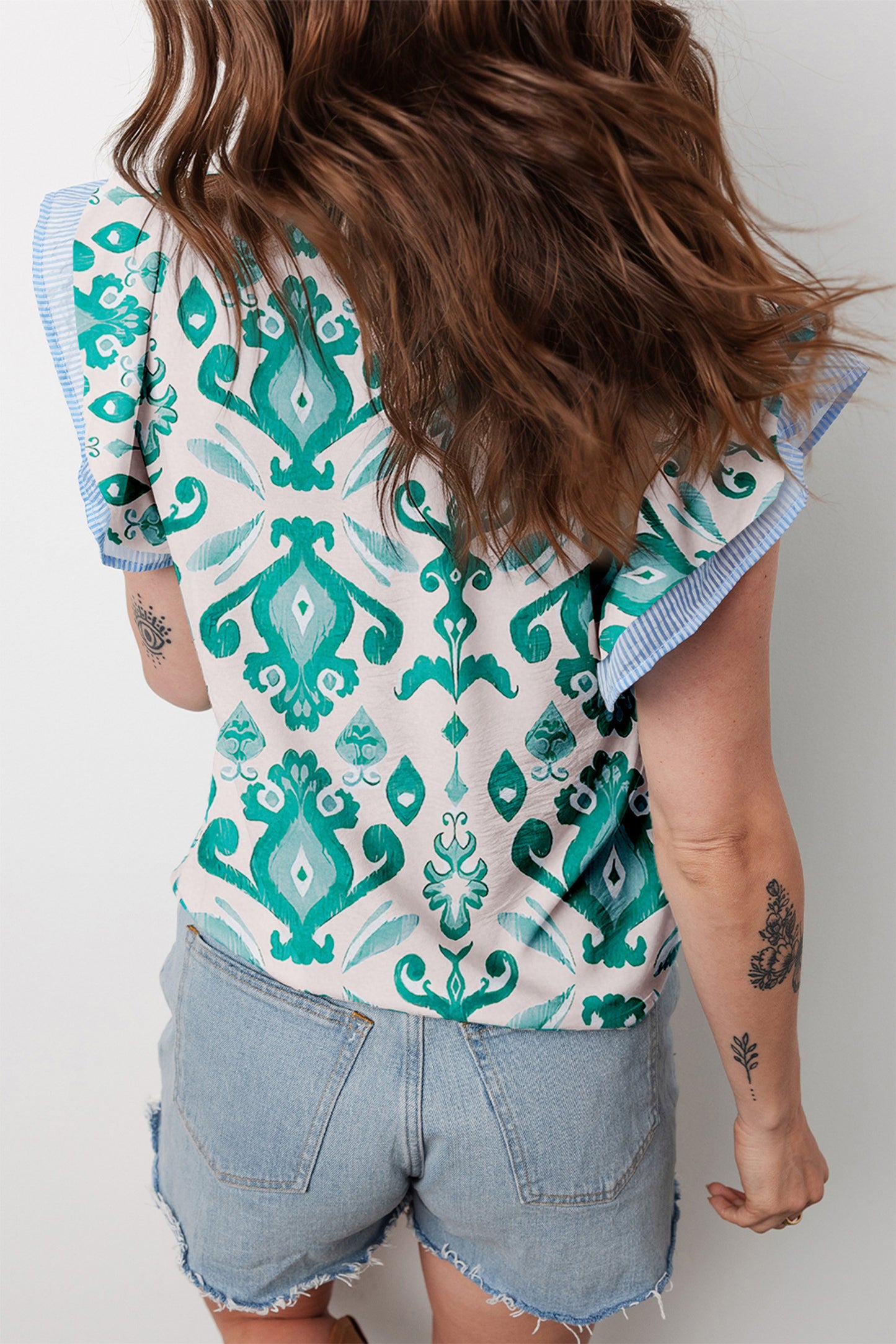 Sky Blue Print Striped Trim Flutter Sleeve Top