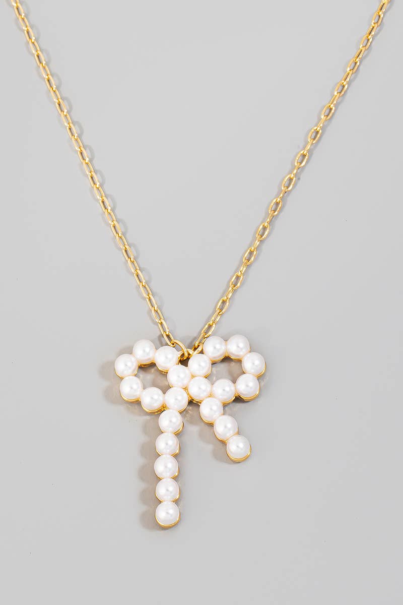 Solid Pearl Ribbon Bow Pendant Chain Necklace