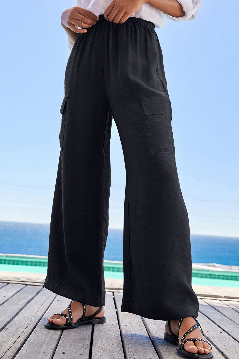 Black Drawstring Waist Wide Leg Utility Trousers