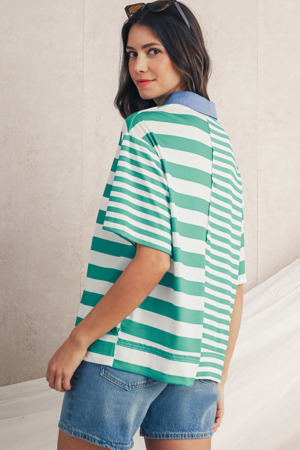 Green Stripe Colorblock Collar Half Buttons T Shirt