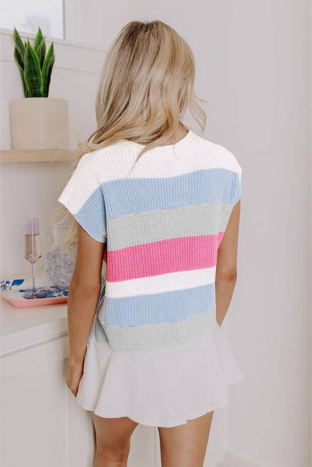 Light Blue Colorblock Notch V- Neck Knit T Shirt