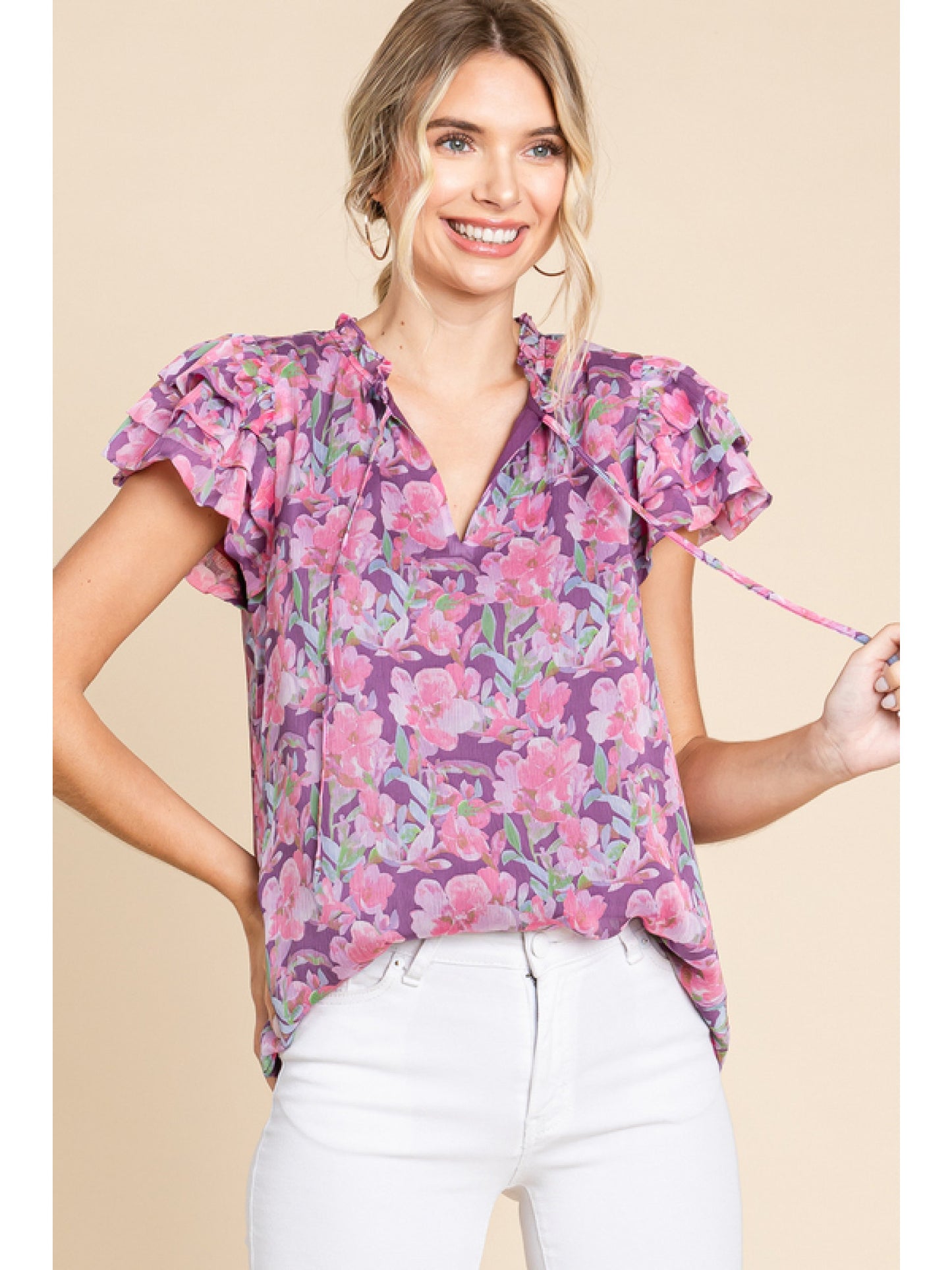 Floral Chiffon Top with Frilled Self-Tie Neck