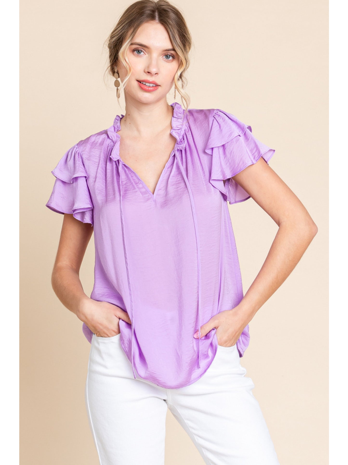 Solid Top With Frilled Self-Tie Neck