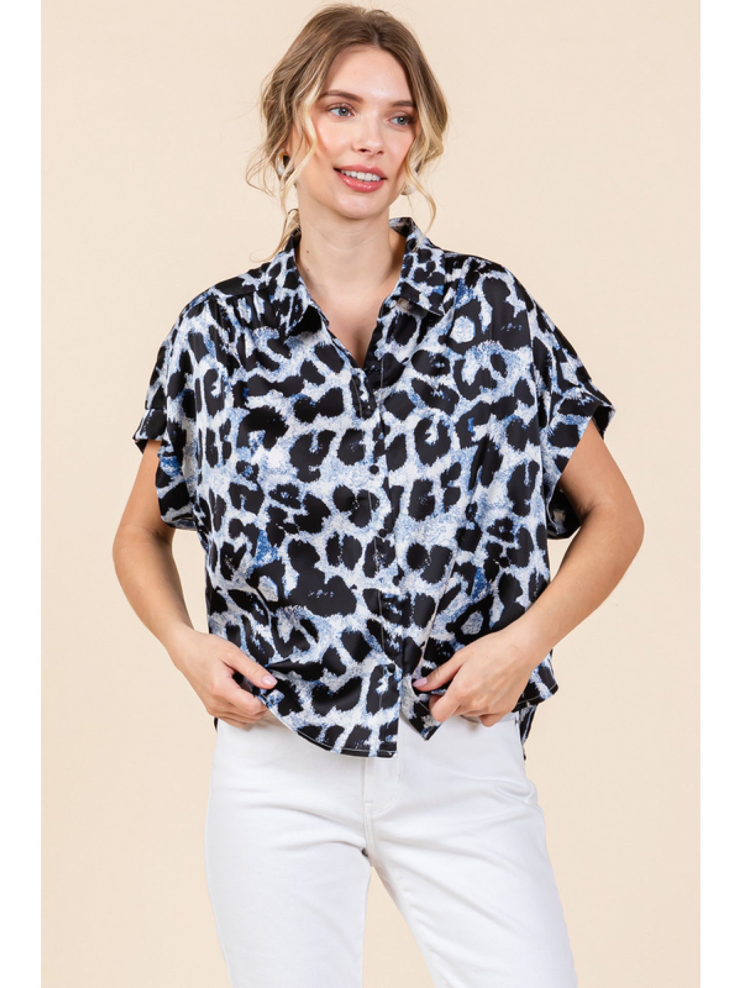 Satin Leopard Crop Top With Collared Neck