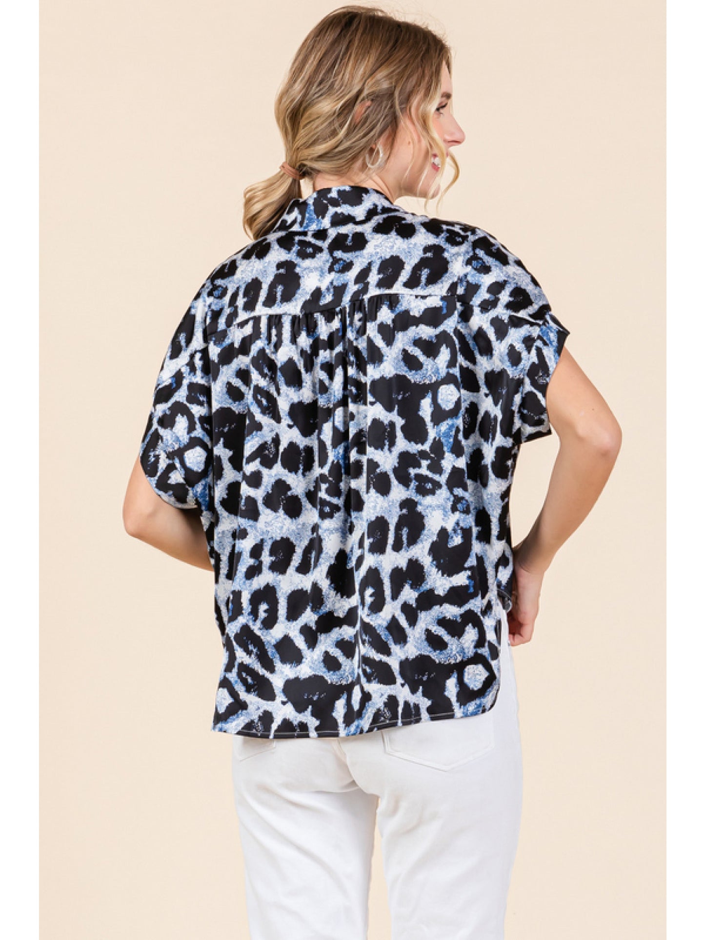 Satin Leopard Crop Top With Collared Neck