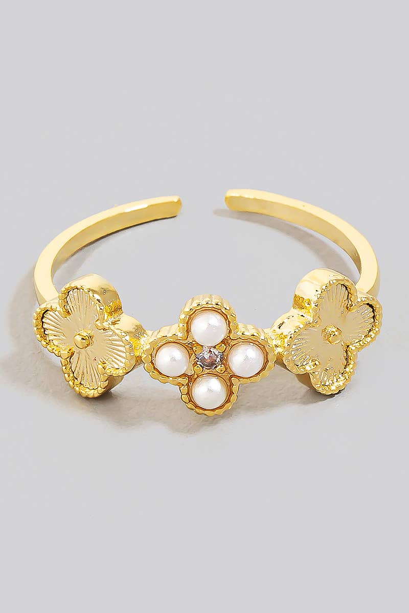 Pearl Beaded And Metallic Clover Charms Open Band Ring
