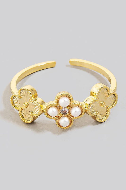 Pearl Beaded And Metallic Clover Charms Open Band Ring