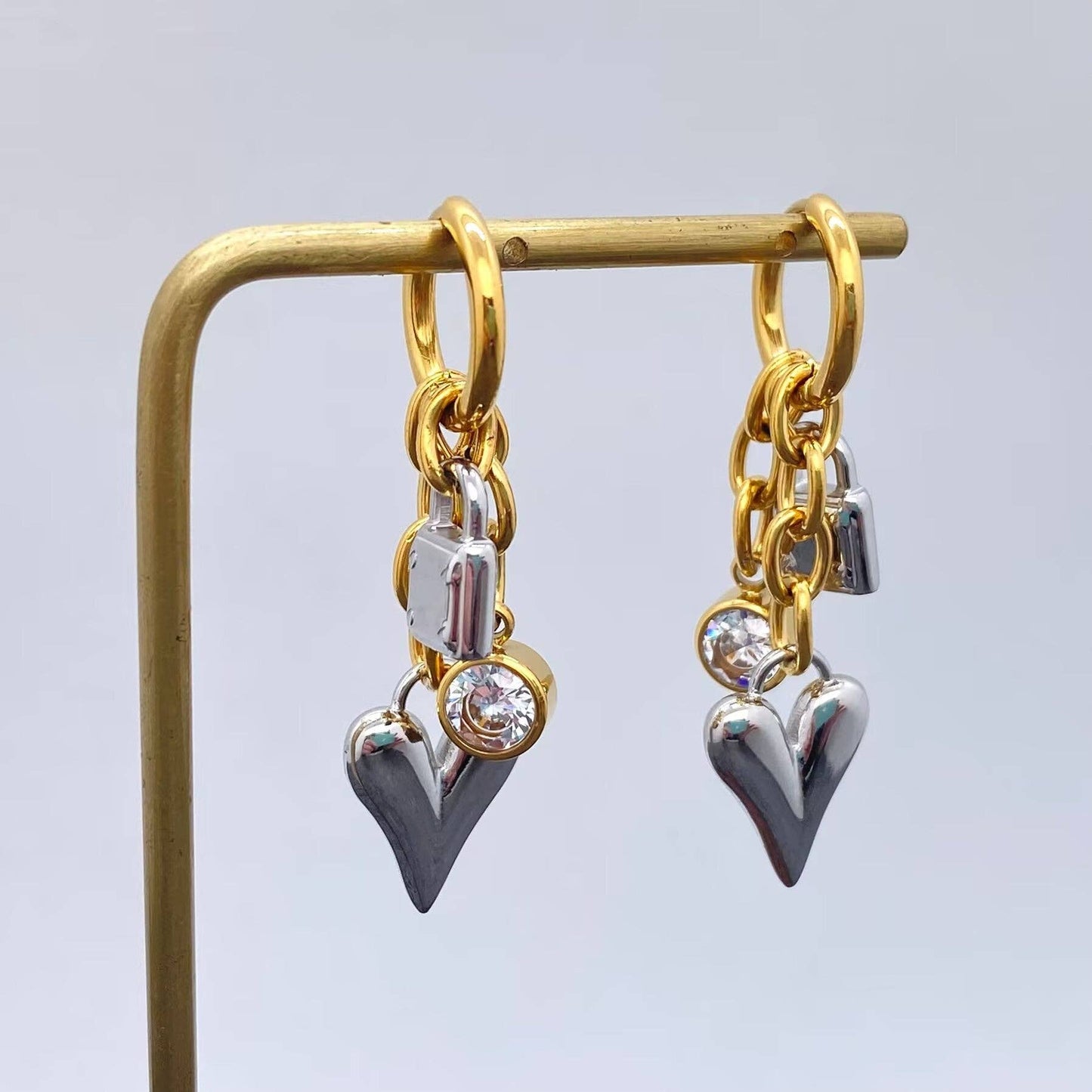 Heart & Lock Two Tone 18K Gold Plated Stainless Steel Earrings