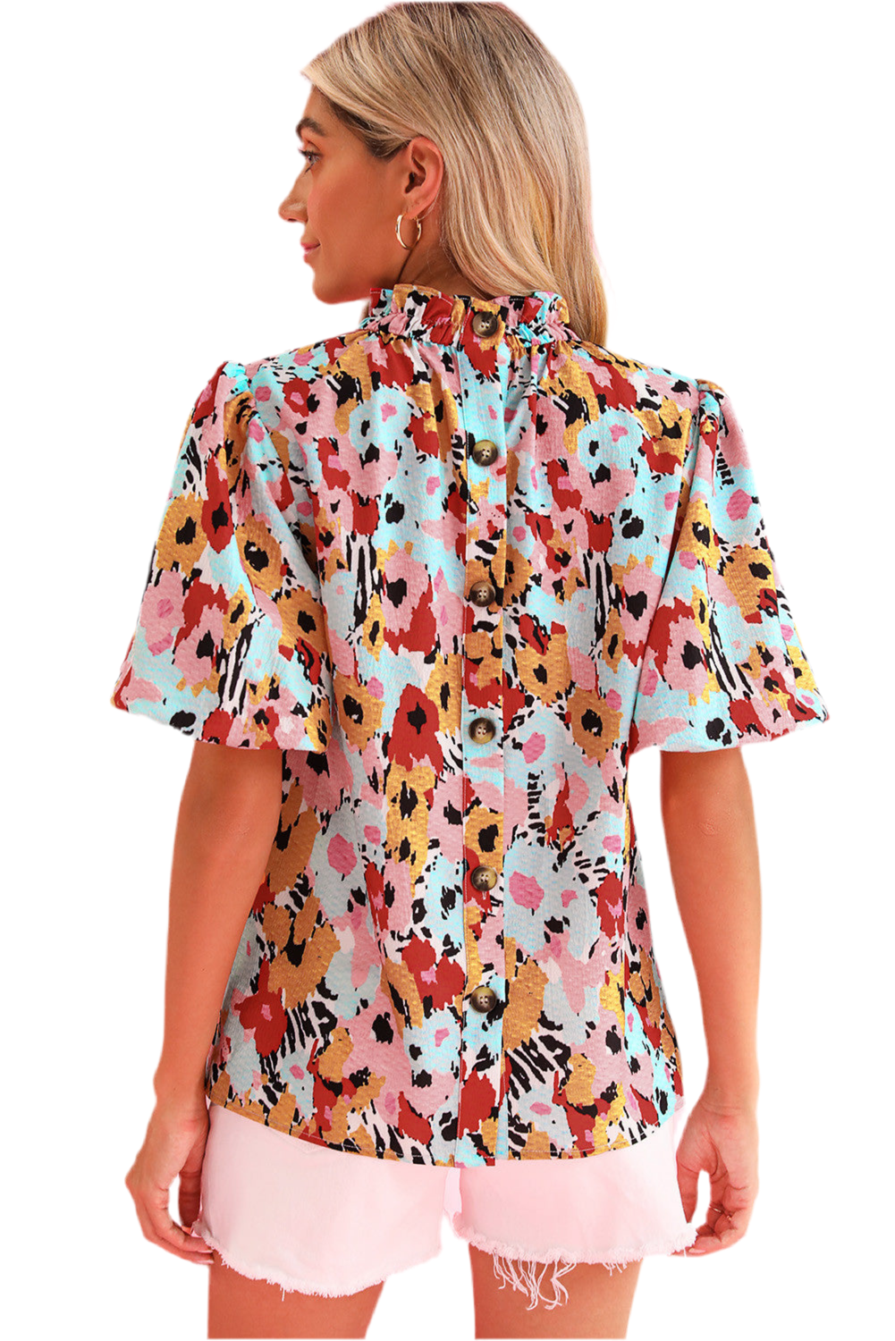 Frilled Floral Print Puff Sleeve Mock Neck Blouse