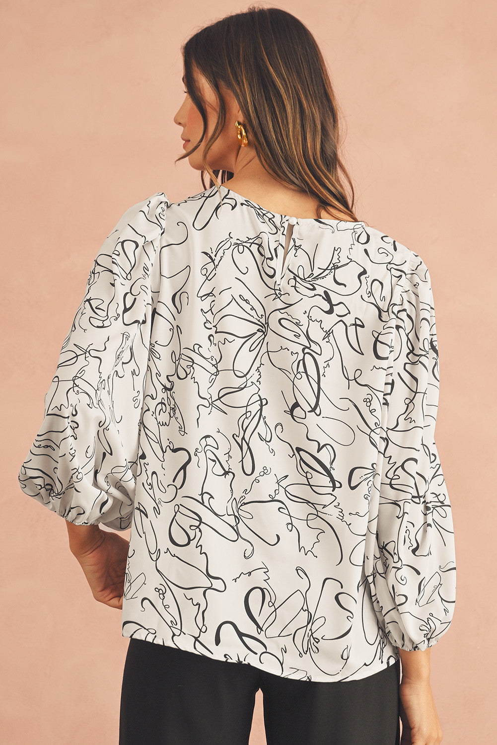 Abstract Print Balloon Sleeve Crew Neck Blouse