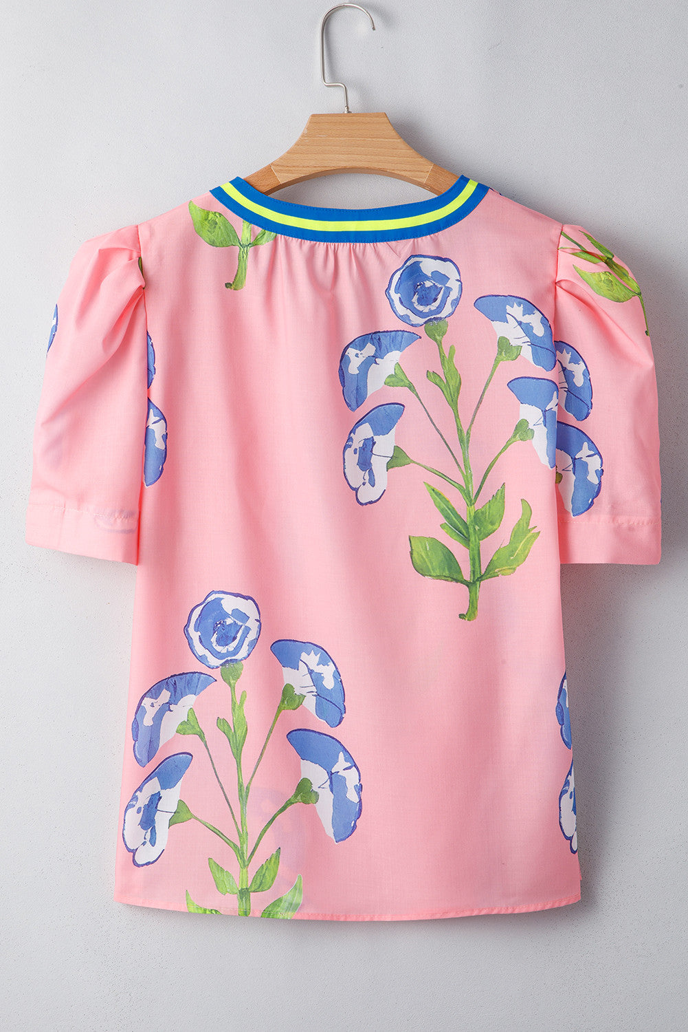 Pink Puff Sleeve Floral Pop of Color Neckline Blouse