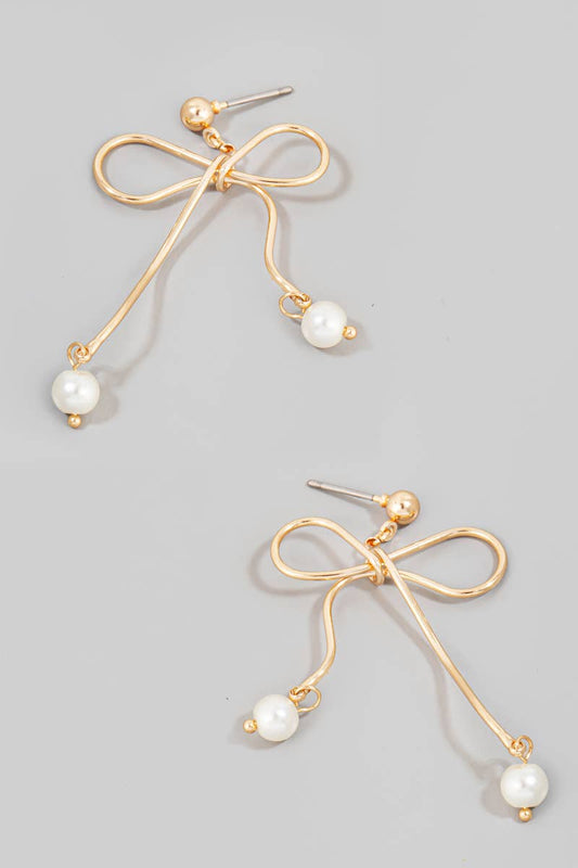 Pearl Charms Metallic Wire Ribbon Bow Earrings