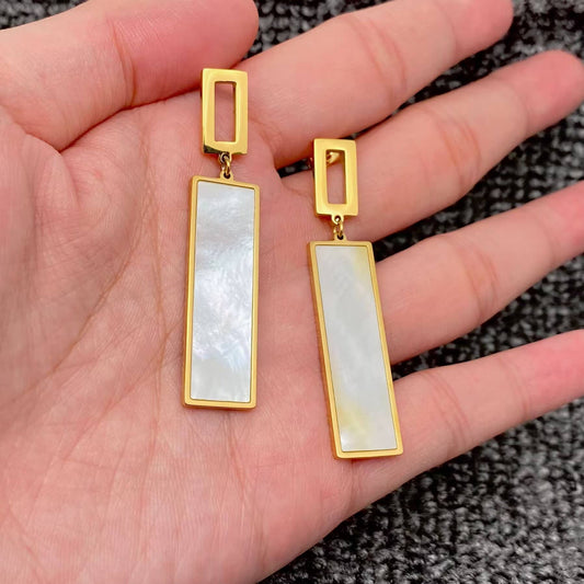 Glossy 18K Golden Stainless Steel Square Shell Dangle Earrings