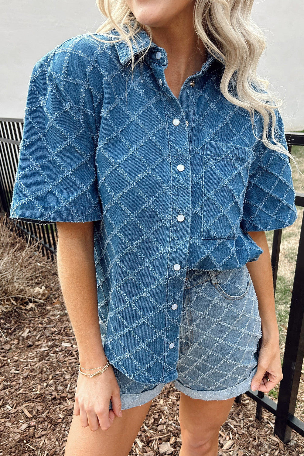 Dusk Blue Textured Short Sleeve Pocket Denim Shirt
