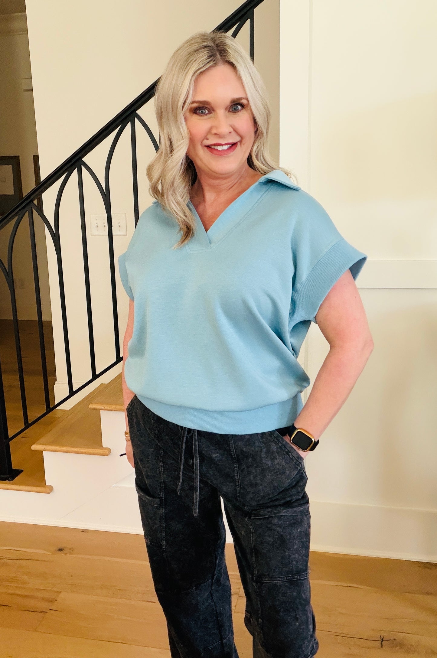 Collared V-Neck Banded Shirt