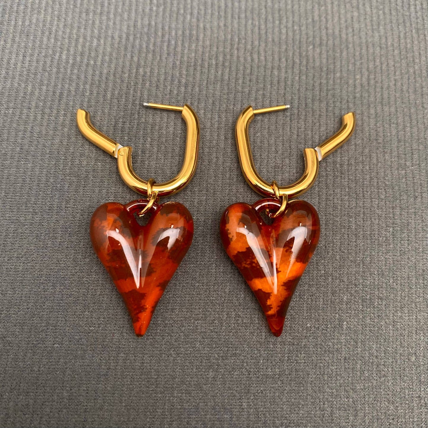 Acrylic Leopard Heart 18K Gold Plated SS Huggie Earrings