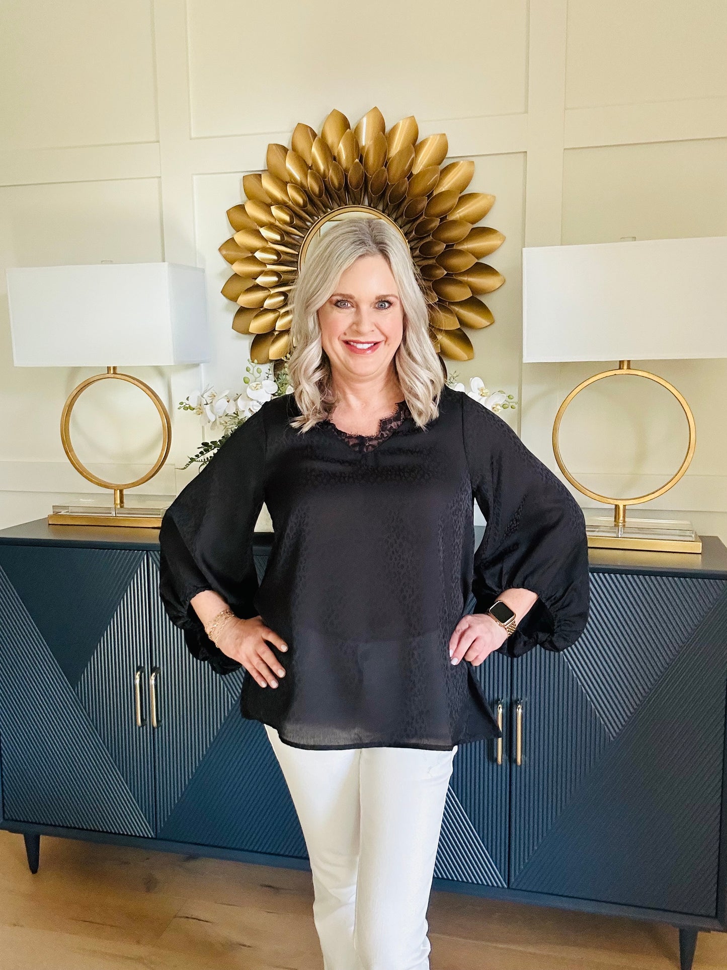 Skin Printed Contrast Lace V-Neckline Blouse