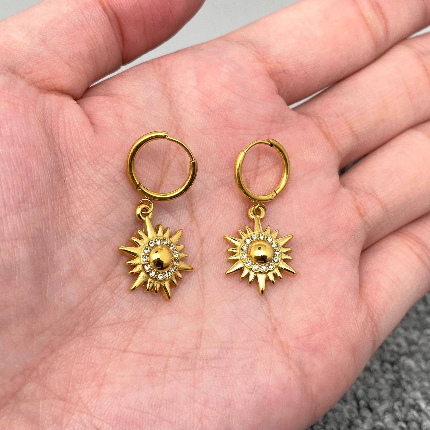 Inlaid CZ Sun Charm 18K Gold Plated Steel Huggie