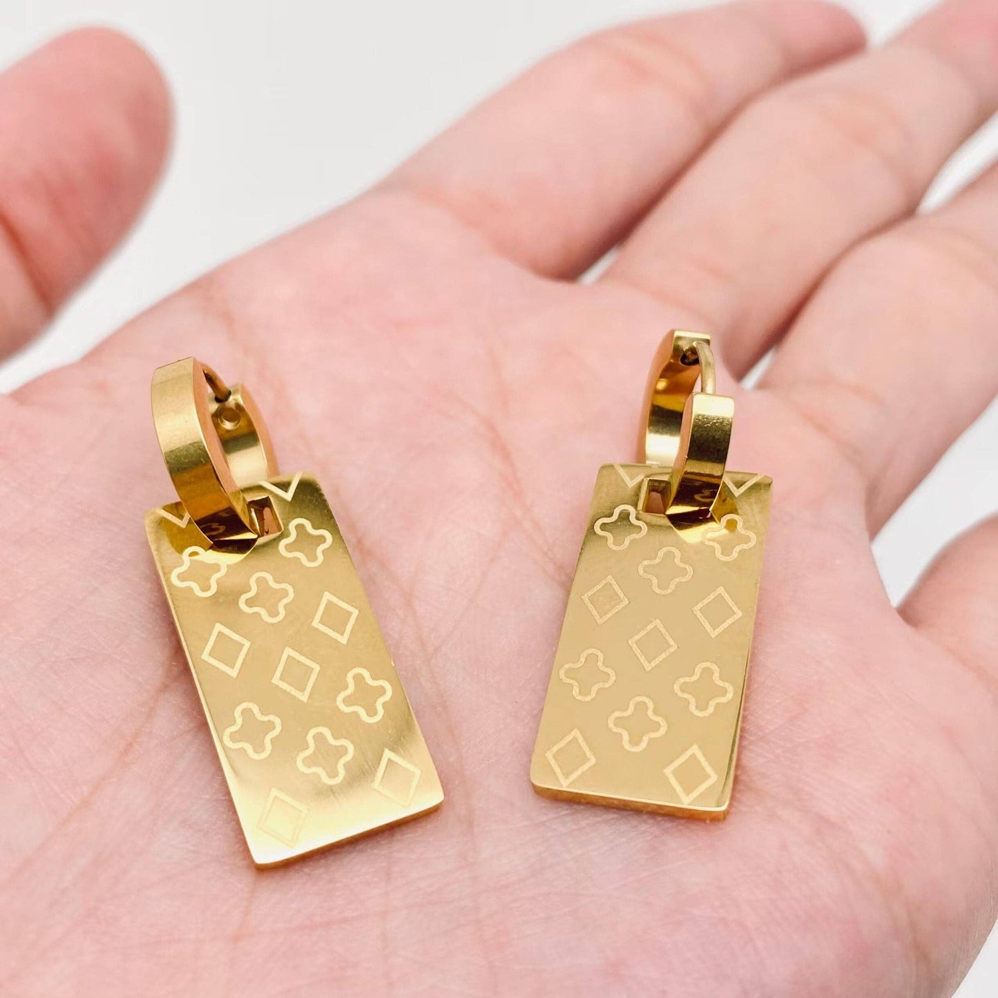 Rectangular Printed Pattern 18K Gold Plated Earrings
