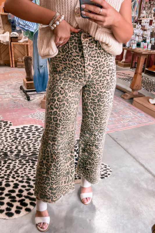 Brown Leopard High Waist Frayed Hem Jeans