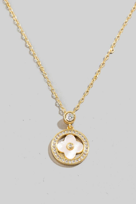 Gold Dipped Cz Halo Set Shell Clover Pendant Necklace
