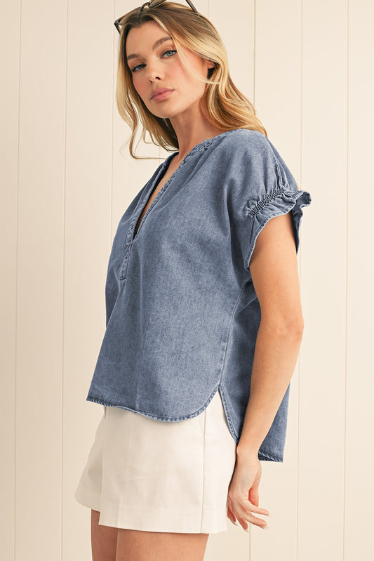Dusk Blue V Neck Ruffled Short Puff Sleeve Denim Top